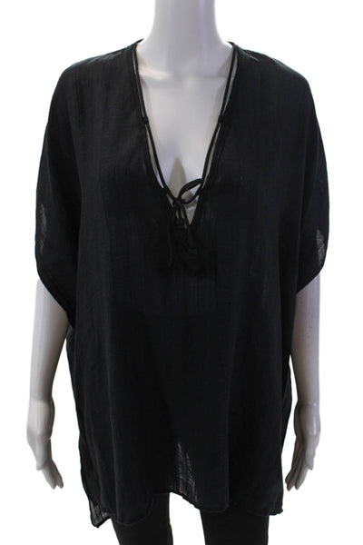 Robin Piccone Womens Cotton Short Sleeve V-neck Lined Blouse Black Size S