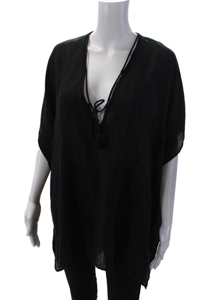 Robin Piccone Womens Cotton Short Sleeve V-neck Lined Blouse Black Size S