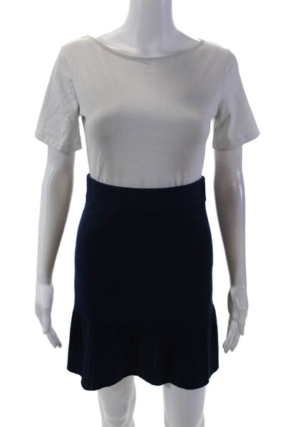 Sundays Womens Elastic Waistband Open Knit Trim Skirt Navy Size Medium