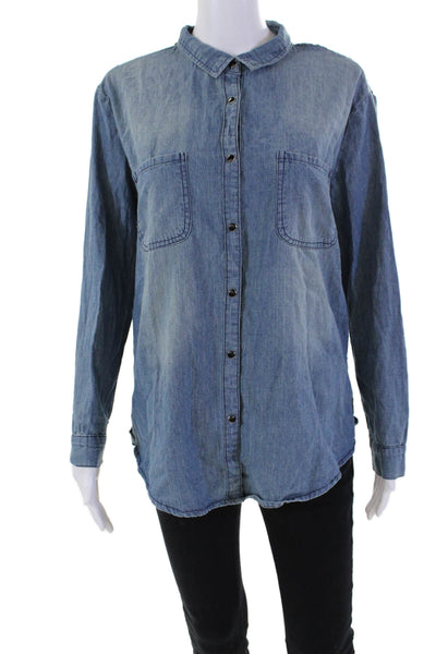 Millou Womens Cotton Cut Out Back Skull Studded Collar Denim Shirt Blue Size XS