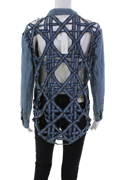 Millou Womens Cotton Cut Out Back Skull Studded Collar Denim Shirt Blue Size XS