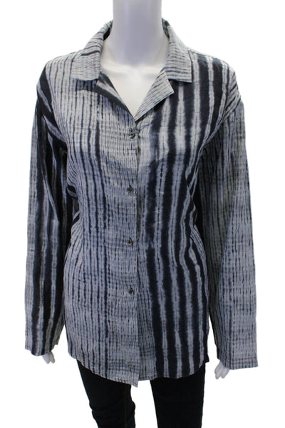 John Patrick Womens Button Front Collared Tie Dyed Shirt Blue Cotton Size Medium