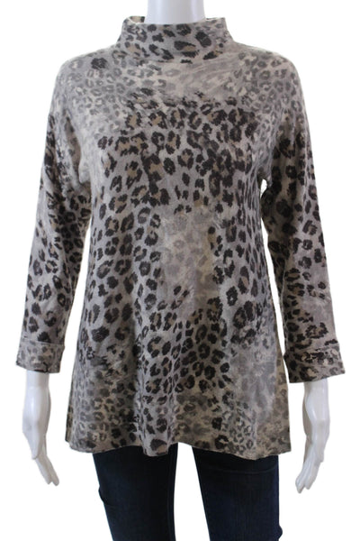 Kinross Cashmere Womens Animal Print Mock Neck Pullover Sweater Gray Size S