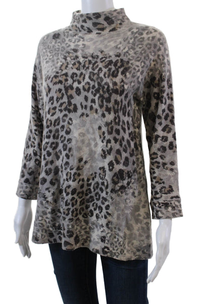 Kinross Cashmere Womens Animal Print Mock Neck Pullover Sweater Gray Size S