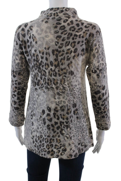 Kinross Cashmere Womens Animal Print Mock Neck Pullover Sweater Gray Size S