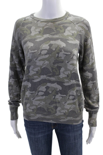 Monrow Womens Camouflage Print Crew Neck Sweater Grey Green Cotton Size Small
