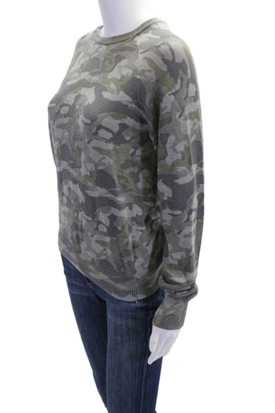 Monrow Womens Camouflage Print Crew Neck Sweater Grey Green Cotton Size Small
