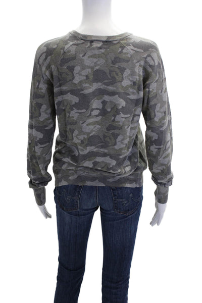 Monrow Womens Camouflage Print Crew Neck Sweater Grey Green Cotton Size Small