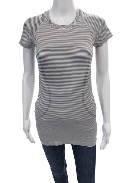 Lululemon Womens Stripe Printed Basic Short Sleeve Stretch T-Shirt White Size 4