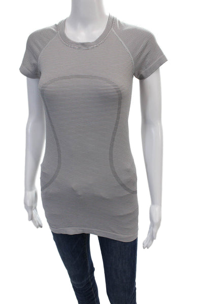 Lululemon Womens Stripe Printed Basic Short Sleeve Stretch T-Shirt White Size 4