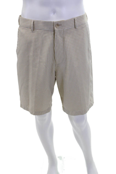 Peter Millar Mens Cotton Zip Button Plaid Printed Dress Shorts Beige Size EUR 32
