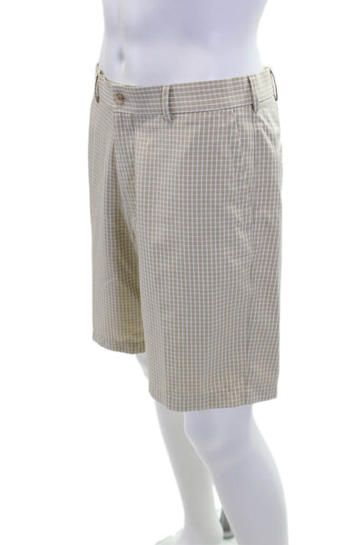 Peter Millar Mens Cotton Zip Button Plaid Printed Dress Shorts Beige Size EUR 32