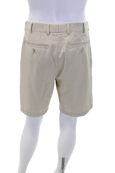 Peter Millar Mens Cotton Zip Button Plaid Printed Dress Shorts Beige Size EUR 32