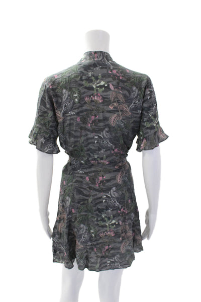 Allsaints Women's Shorts Sleeves Wrap Tie Waist Mini Dress Animal Print Size XS