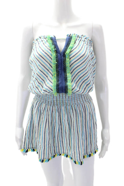 Ramy Brook Women's Square Neck Fringe Smocked Waist Mini Dress Striped Size S