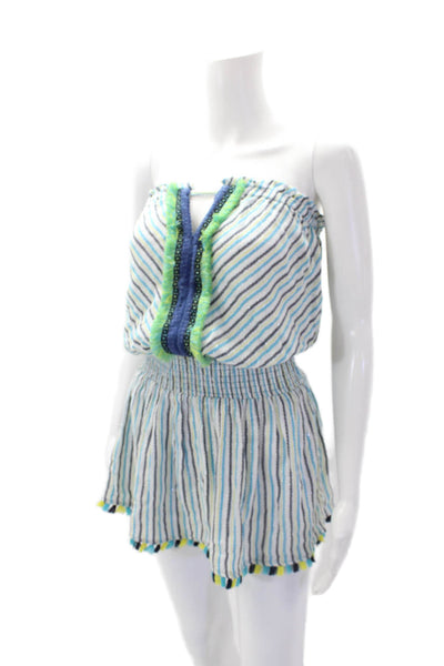 Ramy Brook Women's Square Neck Fringe Smocked Waist Mini Dress Striped Size S