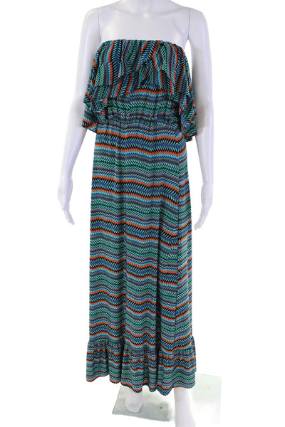 T Bags Los Angeles Womens Strapless Ruffled Printed Maxi Dress Blue Black Small