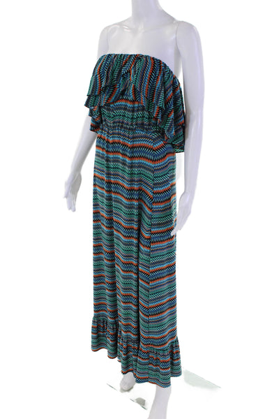 T Bags Los Angeles Womens Strapless Ruffled Printed Maxi Dress Blue Black Small