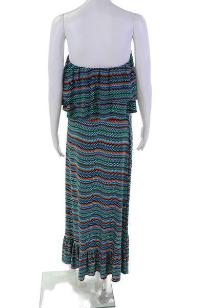 T Bags Los Angeles Womens Strapless Ruffled Printed Maxi Dress Blue Black Small