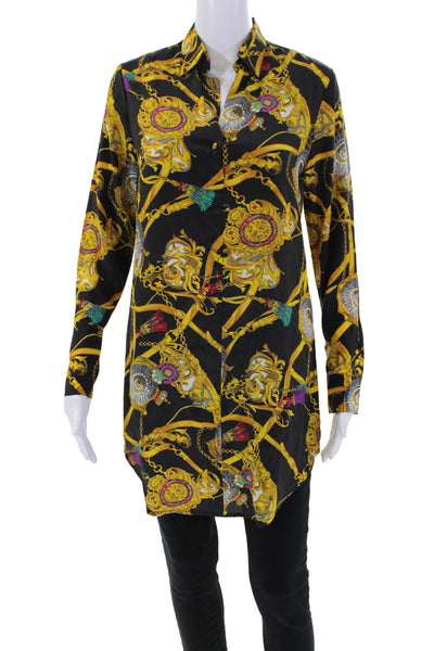 Catherine Gee Womens Button Front Collared Abstract Silk Shirt Black Brown 2XS