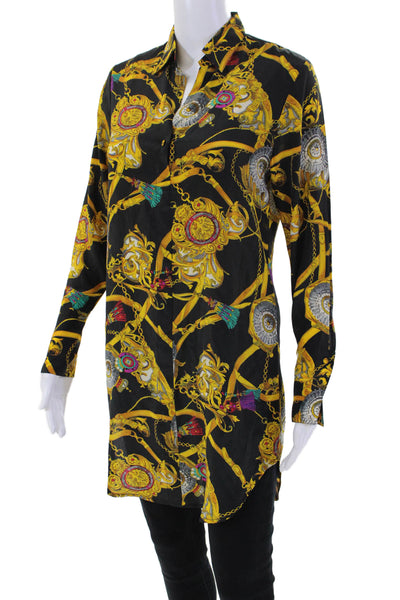 Catherine Gee Womens Button Front Collared Abstract Silk Shirt Black Brown 2XS