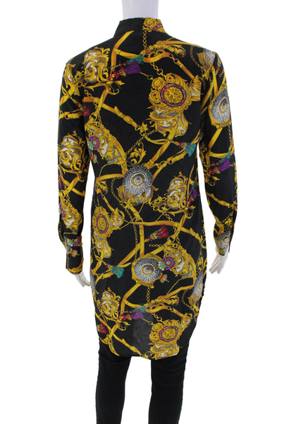 Catherine Gee Womens Button Front Collared Abstract Silk Shirt Black Brown 2XS