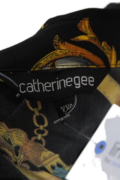 Catherine Gee Womens Button Front Collared Abstract Silk Shirt Black Brown 2XS