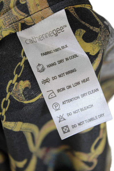 Catherine Gee Womens Button Front Collared Abstract Silk Shirt Black Brown 2XS