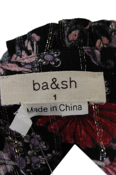 Ba&Sh Womens Metallic Floral Print Long Sleeve Button Up Blouse Top Black Size 1