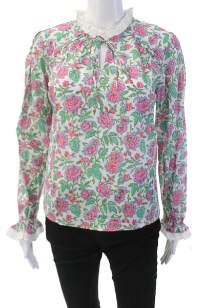 Aspiga Women's Round Neck Long Sleeves Ruffle Eyelet Trim Floral Blouse Sizes XS