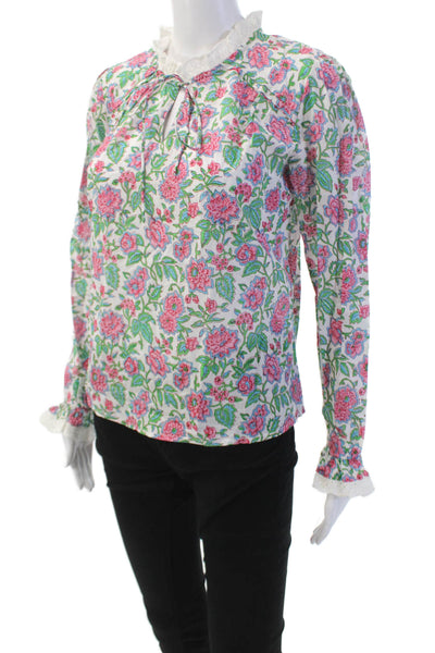 Aspiga Women's Round Neck Long Sleeves Ruffle Eyelet Trim Floral Blouse Sizes XS