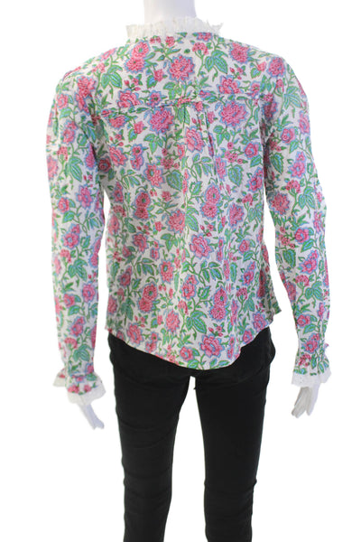 Aspiga Women's Round Neck Long Sleeves Ruffle Eyelet Trim Floral Blouse Sizes XS