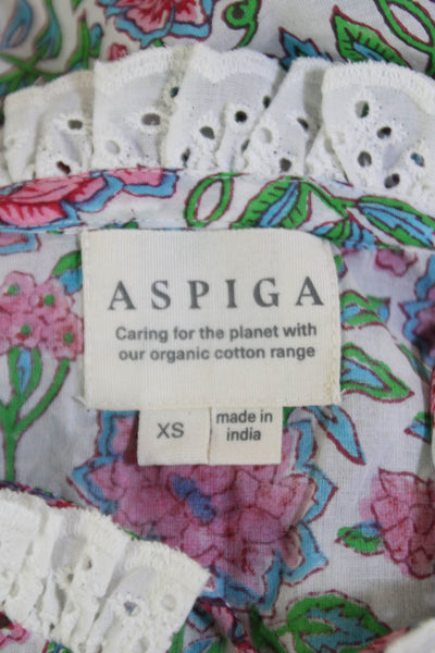 Aspiga Women's Round Neck Long Sleeves Ruffle Eyelet Trim Floral Blouse Sizes XS