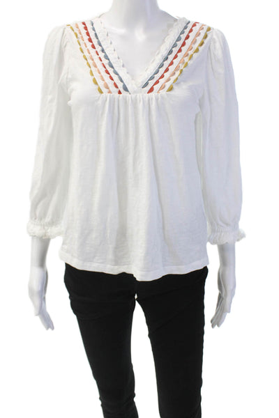 WYSE London Women's V-Neck Long Sleeves Cotton Scallop Blouse White Size 1