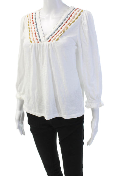 WYSE London Women's V-Neck Long Sleeves Cotton Scallop Blouse White Size 1