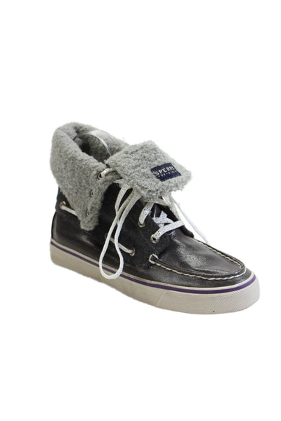 Sperry Womens Lace Up Coated Canvas Fold Over High Top Sneakers Gray Size 6
