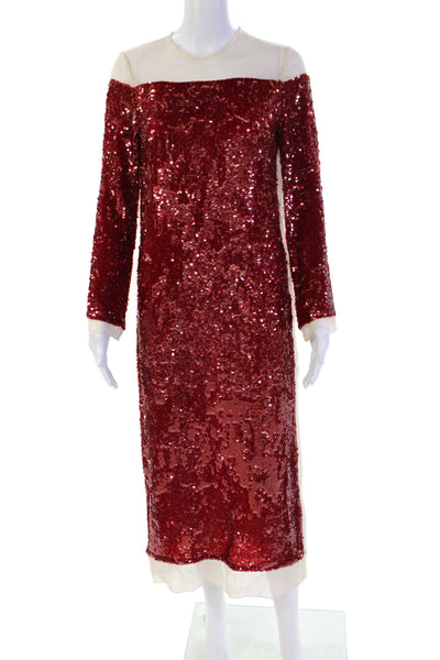 Zara Women's Round Neck 3/4 Sleeves Midi Sequin Shift Dress Red  Size XXS