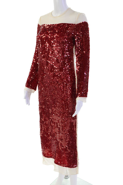 Zara Women's Round Neck 3/4 Sleeves Midi Sequin Shift Dress Red  Size XXS