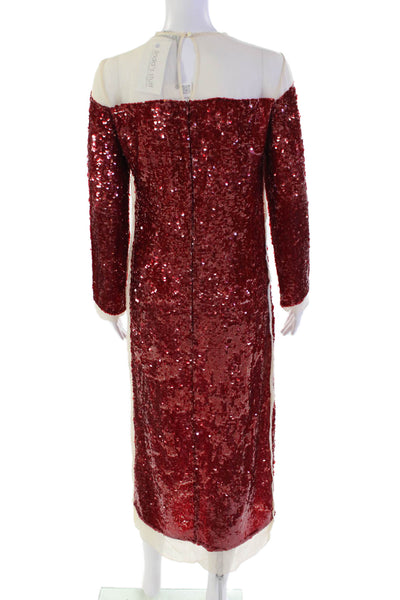 Zara Women's Round Neck 3/4 Sleeves Midi Sequin Shift Dress Red  Size XXS