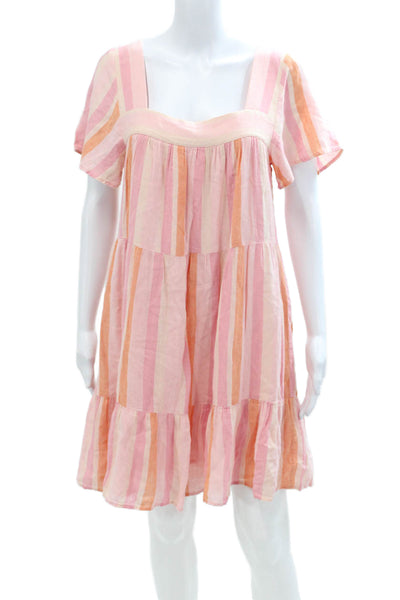 Rails Womens Linen Blend Striped Square Neck Short Sleeve Dress Pink Size XS