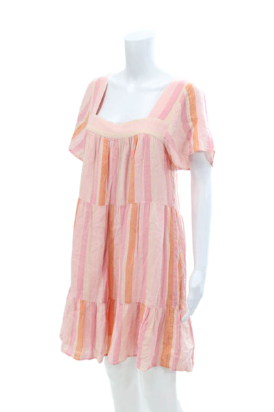 Rails Womens Linen Blend Striped Square Neck Short Sleeve Dress Pink Size XS
