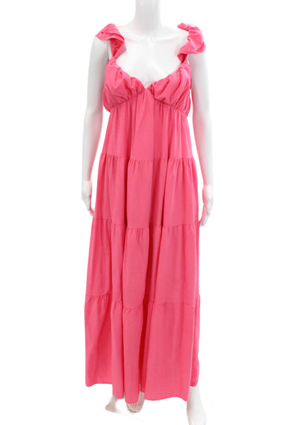 English Factory Womens V-Neck Sleeveless Zip Up Tiered Maxi Dress Pink Size S