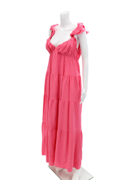 English Factory Womens V-Neck Sleeveless Zip Up Tiered Maxi Dress Pink Size S