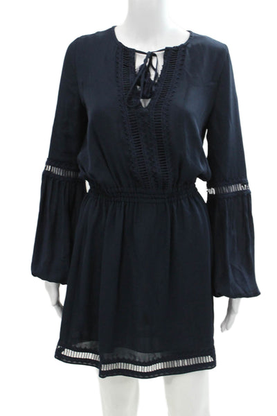Intermix Womens Silk Lace Detail V-Neck Long Sleeve Mid-Calf Dress Navy Size P
