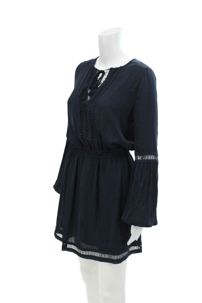 Intermix Womens Silk Lace Detail V-Neck Long Sleeve Mid-Calf Dress Navy Size P