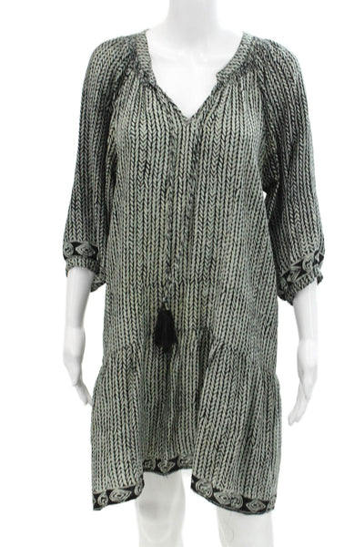 Natalie Martin Womens Silk Abstract V-Neck Long Sleeve Dress Green Size XS