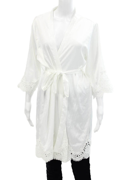 Le Rose Womens Lace Trim Belted Long Sleeve Mid-Length Robe White Size S/M