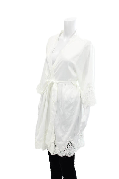 Le Rose Womens Lace Trim Belted Long Sleeve Mid-Length Robe White Size S/M