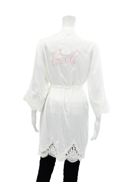 Le Rose Womens Lace Trim Belted Long Sleeve Mid-Length Robe White Size S/M