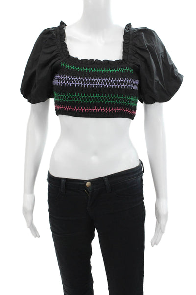 Banjanan Womens Cotton Striped Ruched Short Sleeve Cropped Top Black Size S